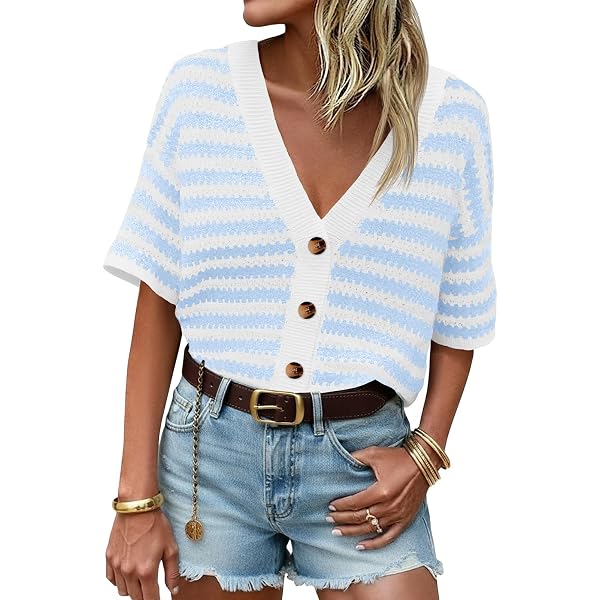 Saodimallsu Womens Short Sleeve Striped Cardigan Sweaters Crochet